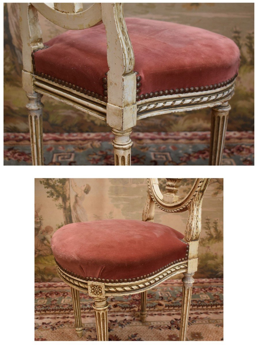 Chaise  En Bois Laqué Crème de style Louis XVI , Dossier En Montgolfière, époque Napoléon III .-photo-6