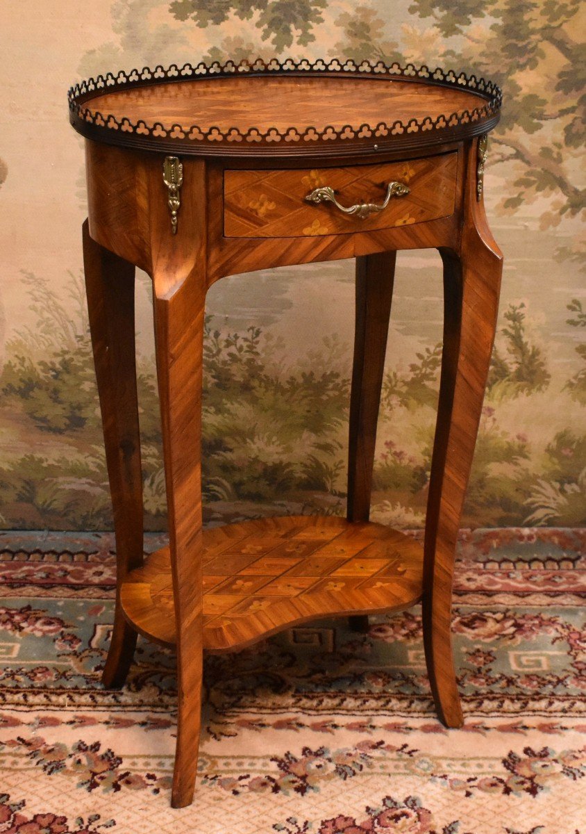 Louis XV Style Pedestal Table In Brass Gallery Marquetry, Small Living Room Table, Side Table-photo-2