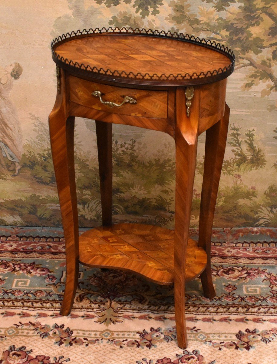 Louis XV Style Pedestal Table In Brass Gallery Marquetry, Small Living Room Table, Side Table-photo-3