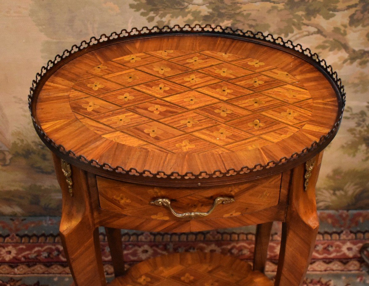 Louis XV Style Pedestal Table In Brass Gallery Marquetry, Small Living Room Table, Side Table-photo-2