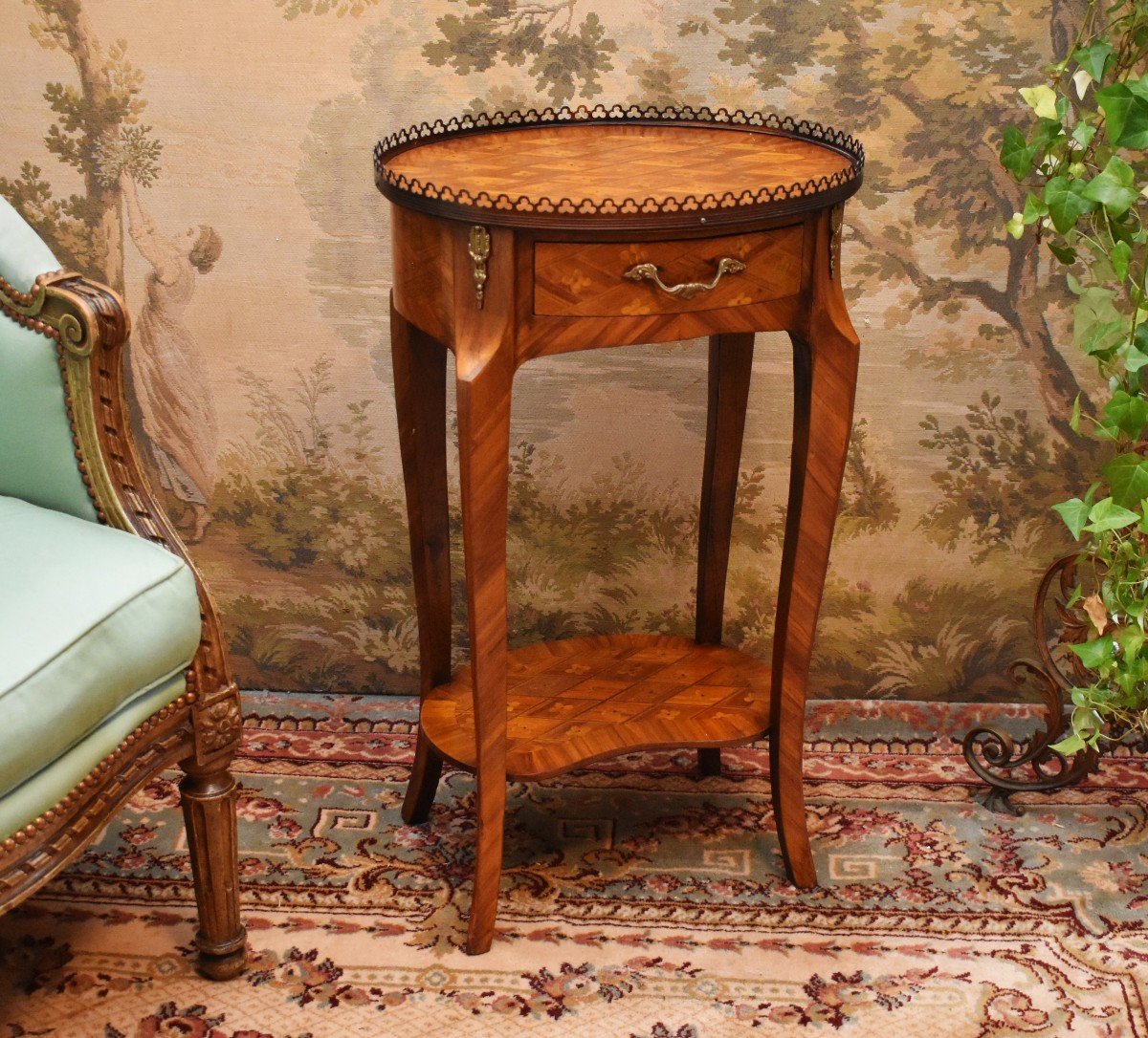 Louis XV Style Pedestal Table In Brass Gallery Marquetry, Small Living Room Table, Side Table