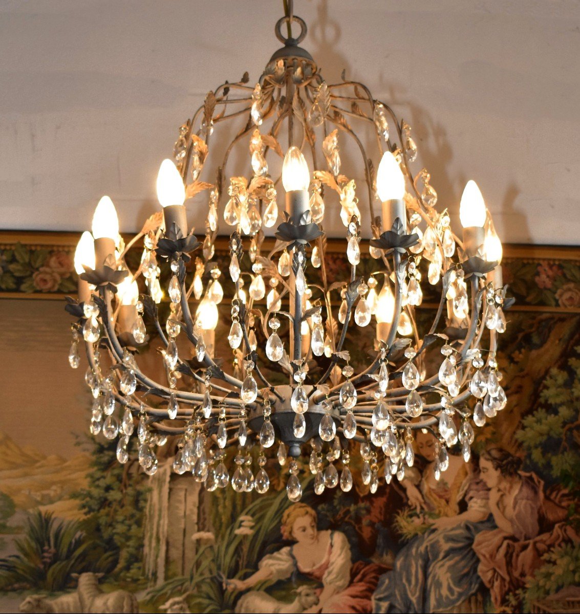 Important Cage Chandelier With Tassels In The Style Of Maison Bagués, 12 Light Arms, Grey -photo-3
