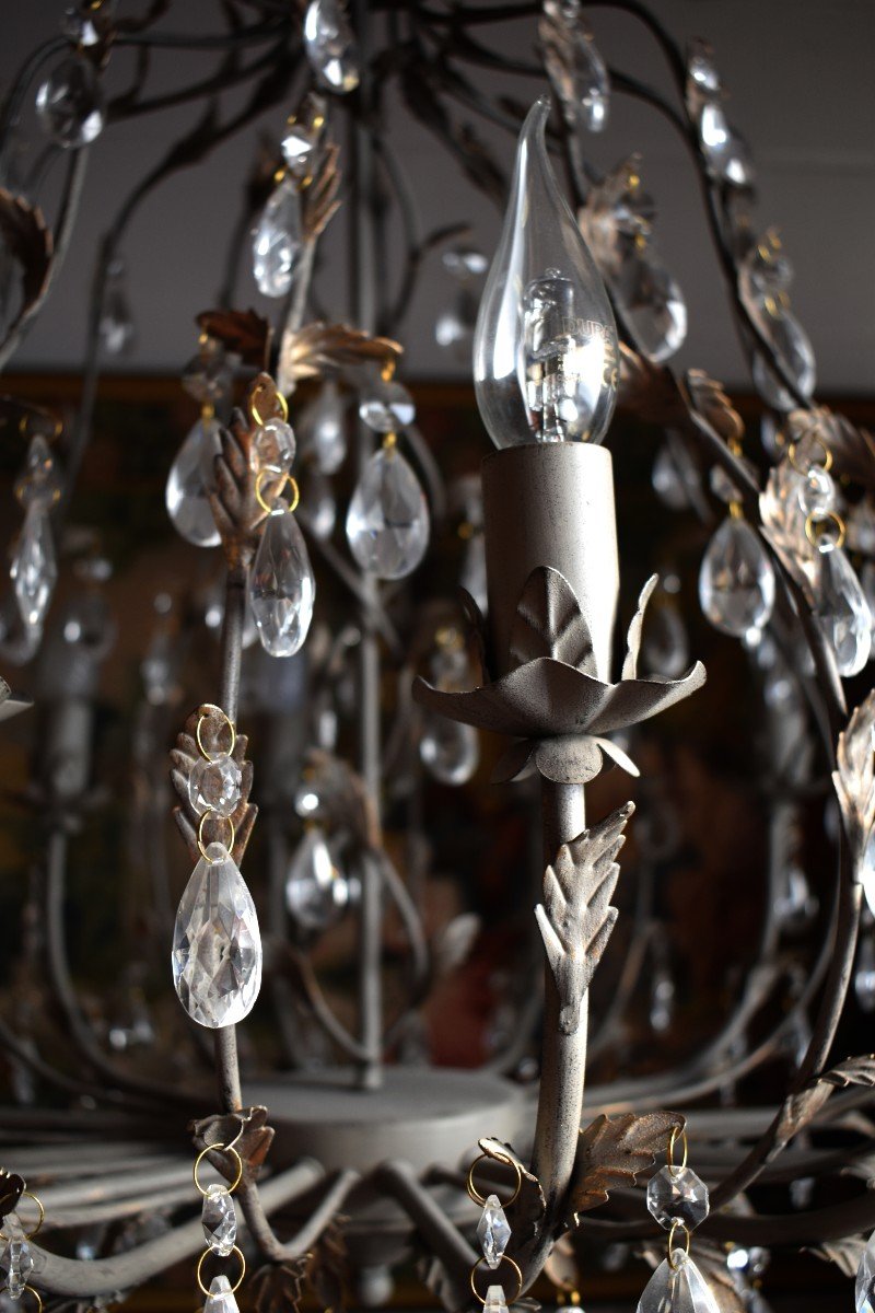 Important Cage Chandelier With Tassels In The Style Of Maison Bagués, 12 Light Arms, Grey -photo-6