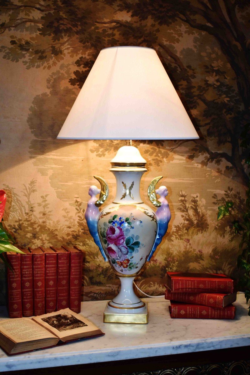 Importante Lampe Porcelaine De Limoges, Pied  De Lampe Peint Main Décor Floral , Bouquet Fleurs