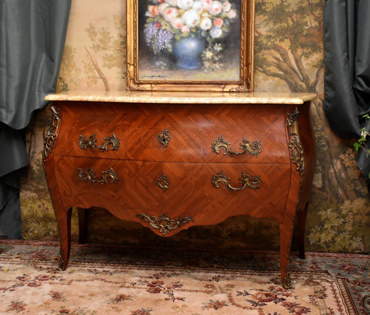 Large Louis XV Style Marquetry Chest Of Drawers, Early 20th Century, Marble Top, Marquetry-photo-2