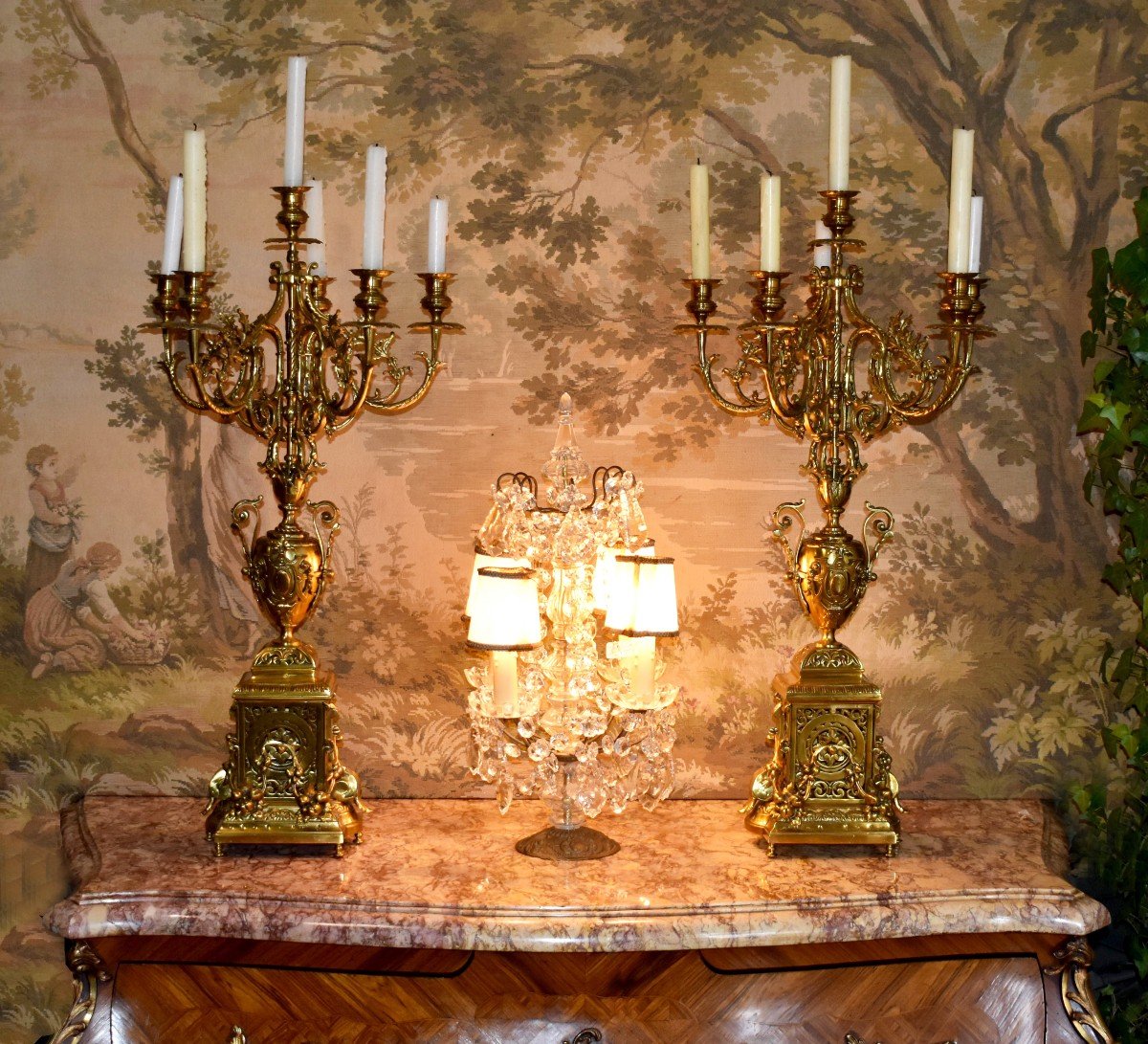 Important Pair Of 6-arm Bronze Candelabras, Neo-gothic Style Candlesticks-photo-3