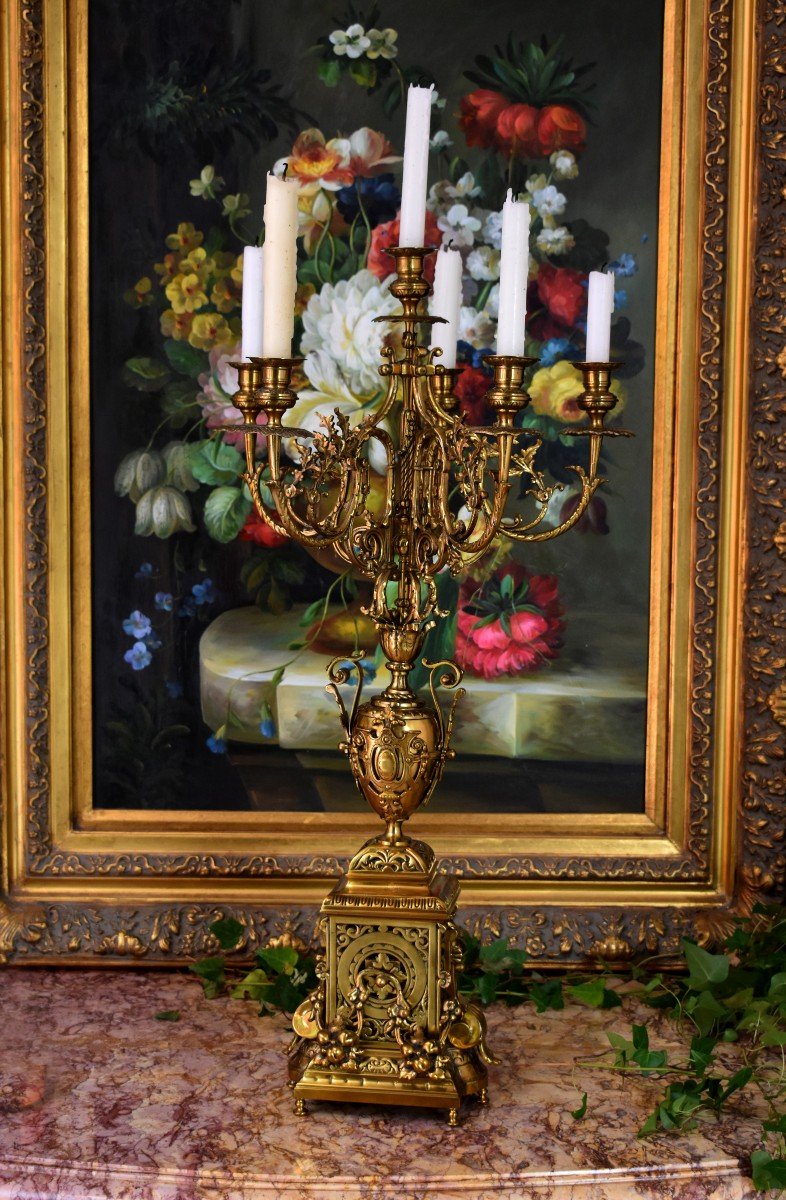 Important Pair Of 6-arm Bronze Candelabras, Neo-gothic Style Candlesticks-photo-4