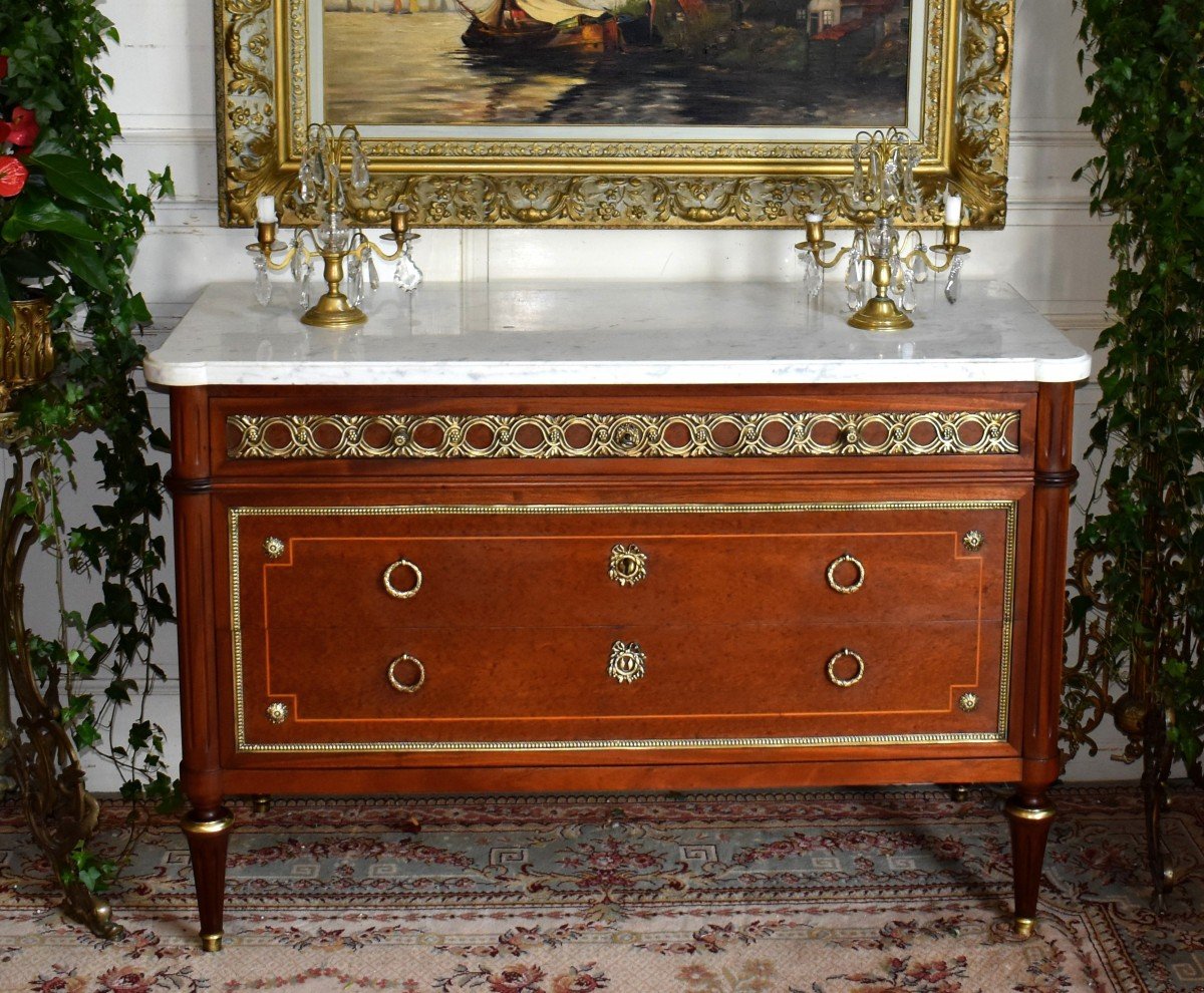 Louis XVI Style Inlaid And Bronze Ornamented Commode, Marble Top And Marquetry-photo-2