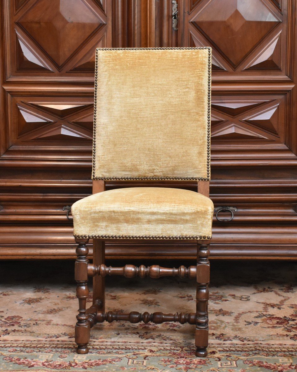 Set Of 4 Louis XIII - Louis XIV Style Chairs In Walnut And High Back Velvet Upholstery -photo-1