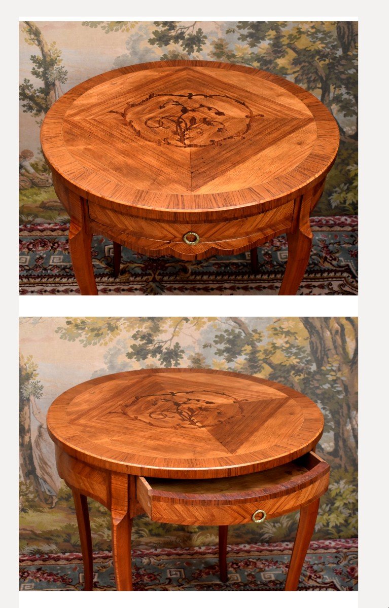 Guéridon Marqueté, Style Louis XV  , Table De Salon, Milieu,  Appoint, Marqueterie , Frisage -photo-4