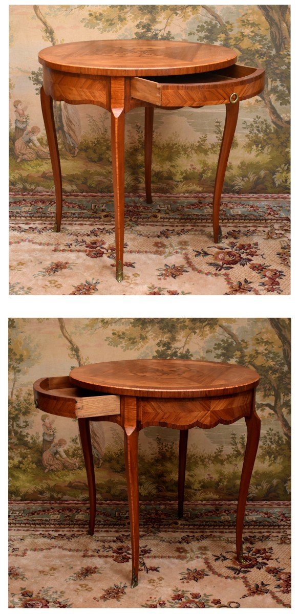 Guéridon Marqueté, Style Louis XV  , Table De Salon, Milieu,  Appoint, Marqueterie , Frisage -photo-2