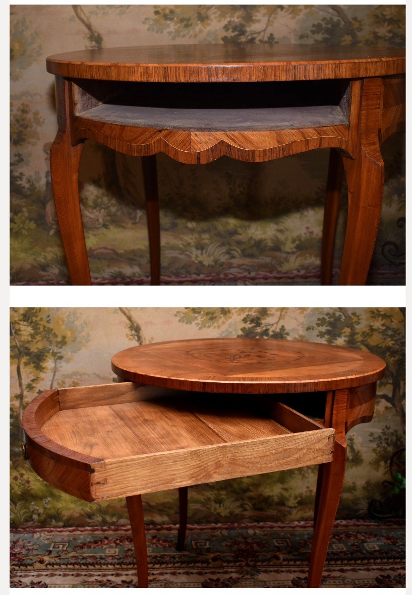 Guéridon Marqueté, Style Louis XV  , Table De Salon, Milieu,  Appoint, Marqueterie , Frisage -photo-3