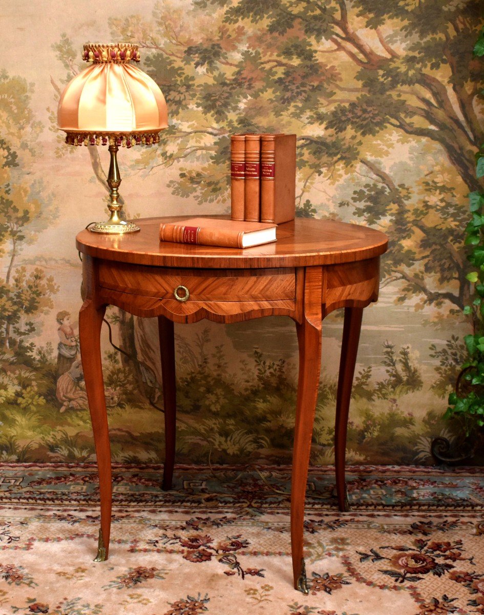Guéridon Marqueté, Style Louis XV  , Table De Salon, Milieu,  Appoint, Marqueterie , Frisage 