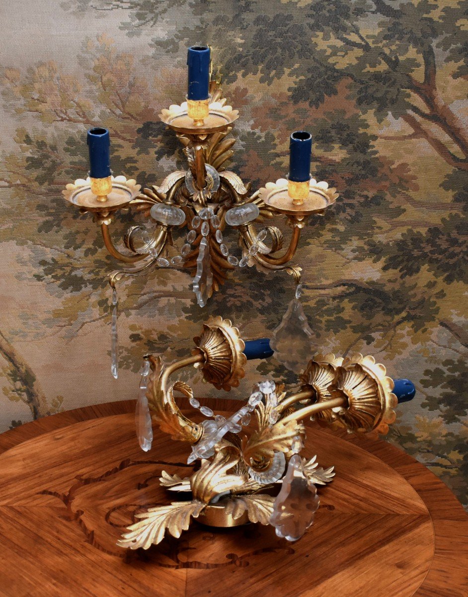 Pair Of Wall Lights, Iron And Painted Sheet Metal, Rich Gold Color, Three Pendant Light Arms-photo-4