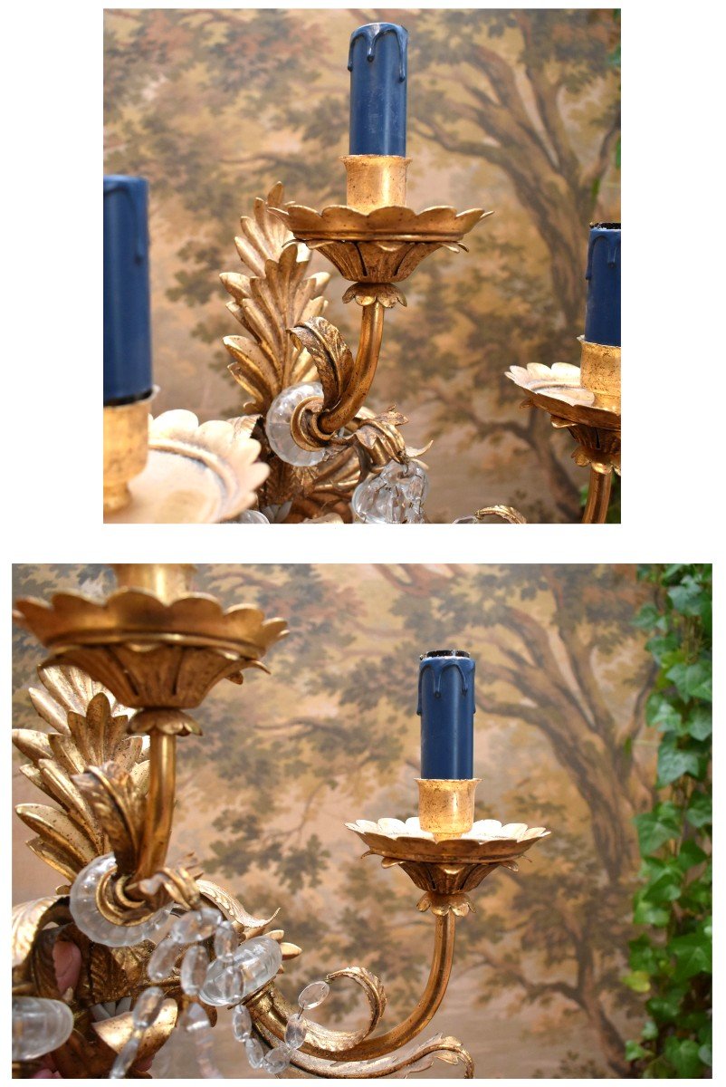 Pair Of Wall Lights, Iron And Painted Sheet Metal, Rich Gold Color, Three Pendant Light Arms-photo-5