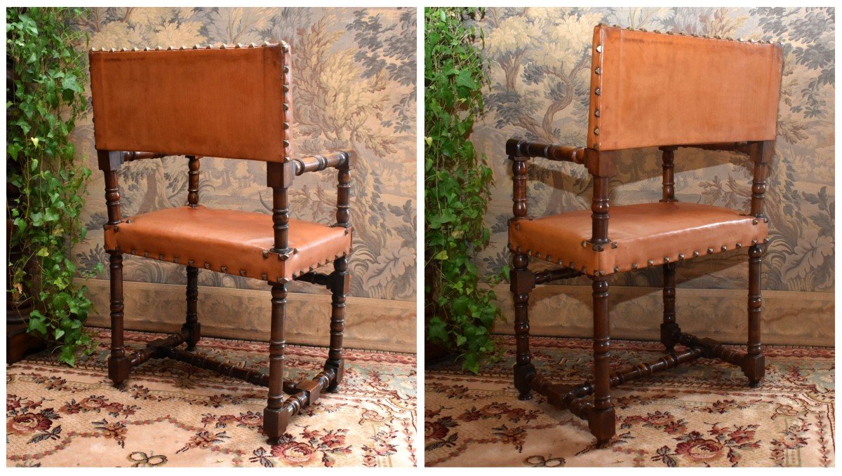 Chaise à Bras En Noyer De Style Louis XIII ,  Fauteuil Dossier Et Assise Cuir,  Bureau, XIXe-photo-1