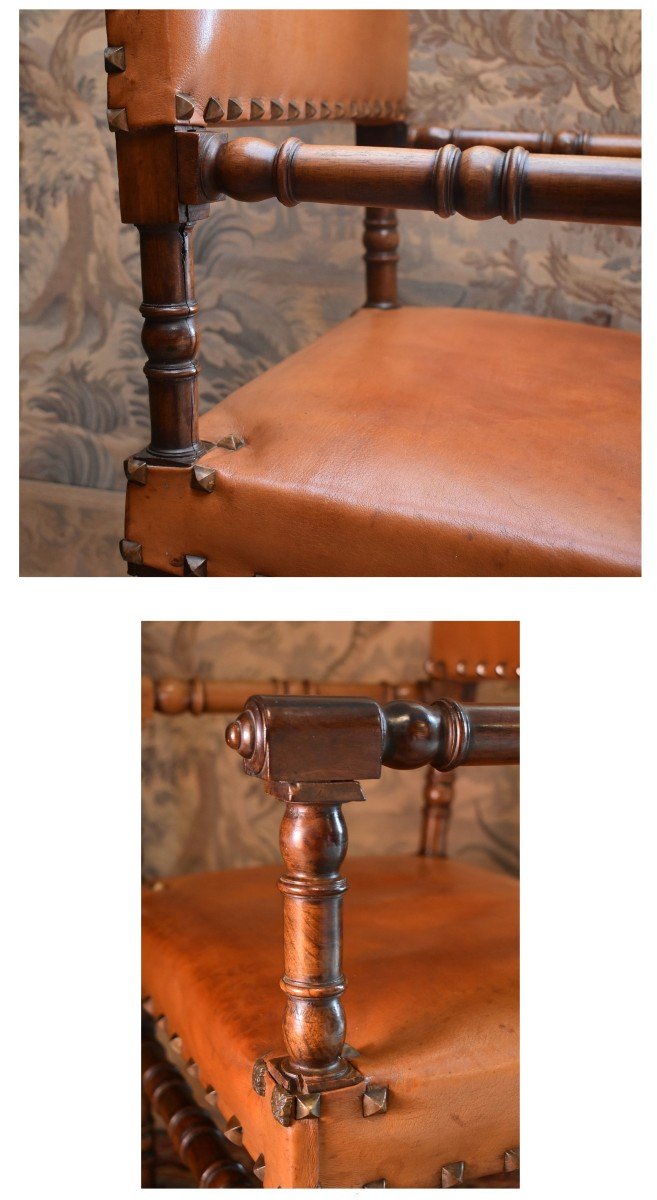 Chaise à Bras En Noyer De Style Louis XIII ,  Fauteuil Dossier Et Assise Cuir,  Bureau, XIXe-photo-3