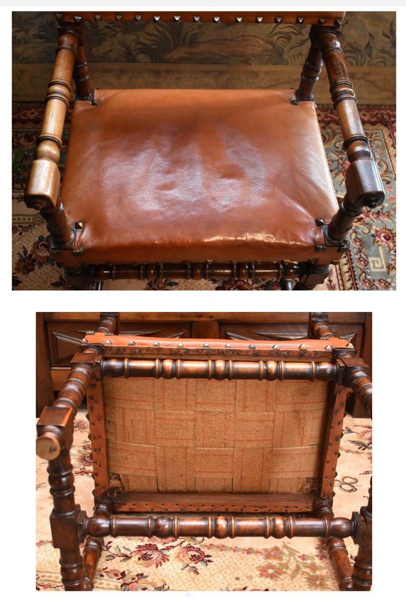 Chaise à Bras En Noyer De Style Louis XIII ,  Fauteuil Dossier Et Assise Cuir,  Bureau, XIXe-photo-7