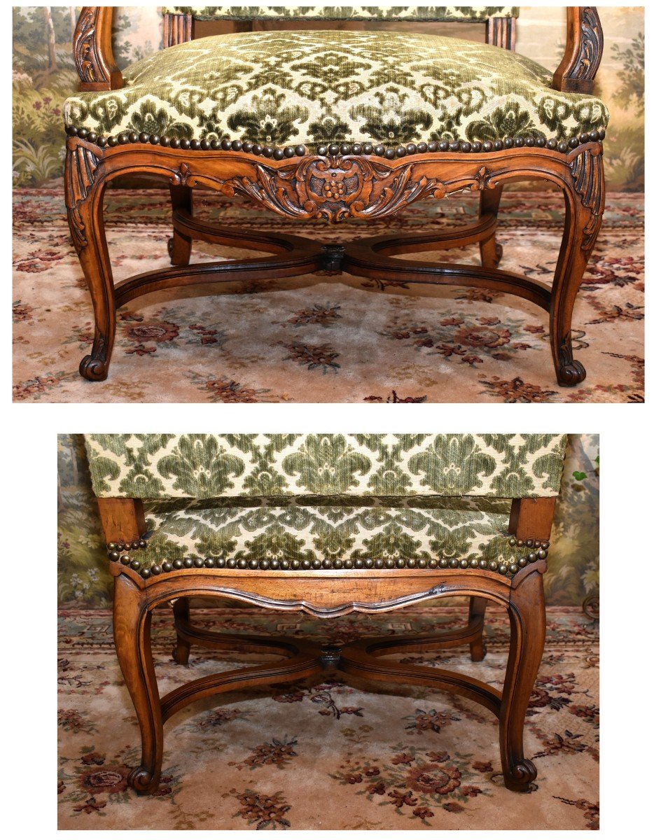 Importante Paire De Larges Et Grands Fauteuils Sculptés ,  De Style Régence , Entretoise En X ,-photo-3