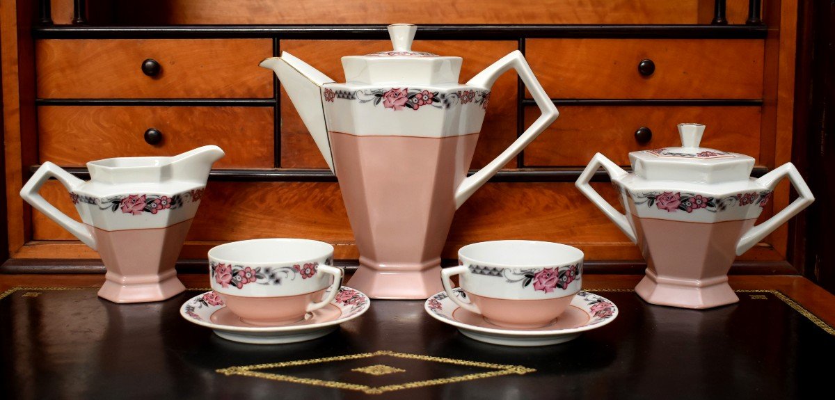 Tête à Tête , Service En Porcelaine De Limoges 2 Personnes, Art Deco Vers 1930 Decor Floral-photo-2