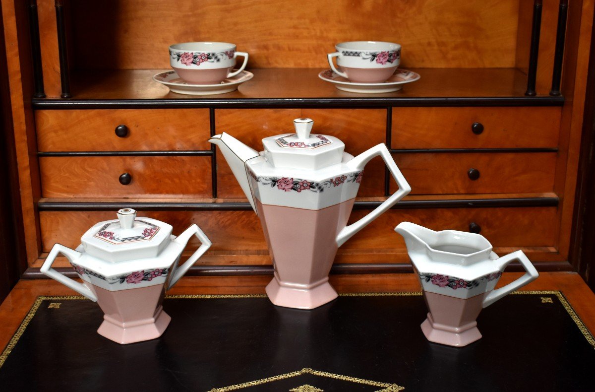 Tête à Tête , Service En Porcelaine De Limoges 2 Personnes, Art Deco Vers 1930 Decor Floral-photo-3