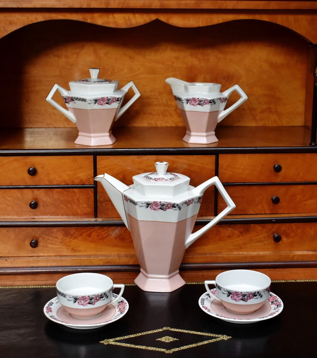 Tête à Tête , Service En Porcelaine De Limoges 2 Personnes, Art Deco Vers 1930 Decor Floral-photo-4
