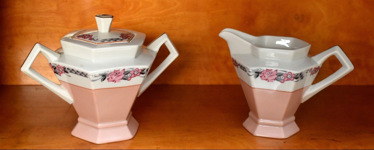 Tête à Tête , Service En Porcelaine De Limoges 2 Personnes, Art Deco Vers 1930 Decor Floral-photo-2