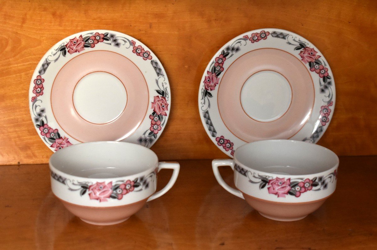 Tête à Tête , Service En Porcelaine De Limoges 2 Personnes, Art Deco Vers 1930 Decor Floral-photo-6