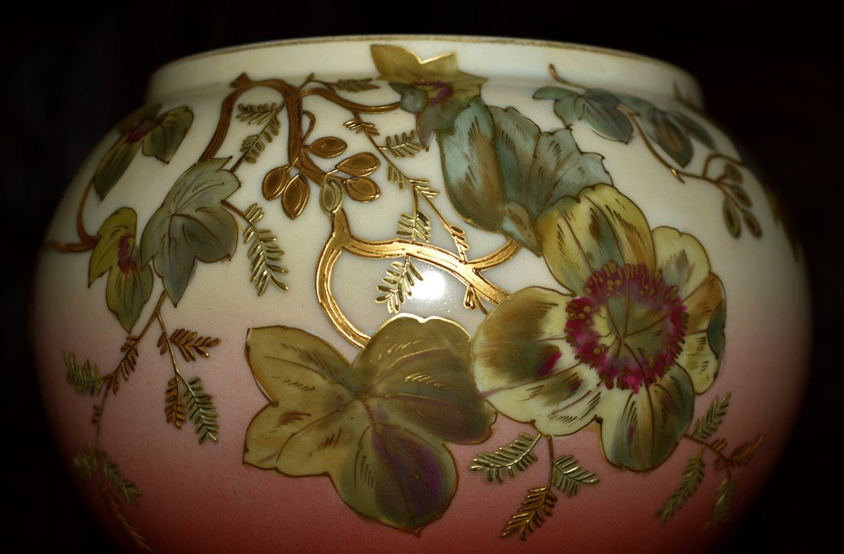 Leon Sazerat, Vase, Cache Pot Centerpiece Limoges Porcelain Floral Decor And Gold Paste -photo-3