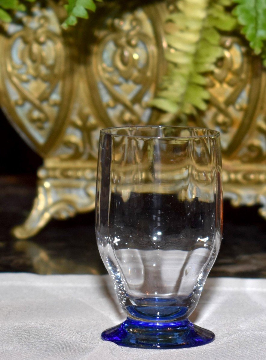 Daum Nancy , Suite De Trois Verres Côtelés Blanc Sur Pied Bleu Période Art - Déco, Vers 1930-photo-3