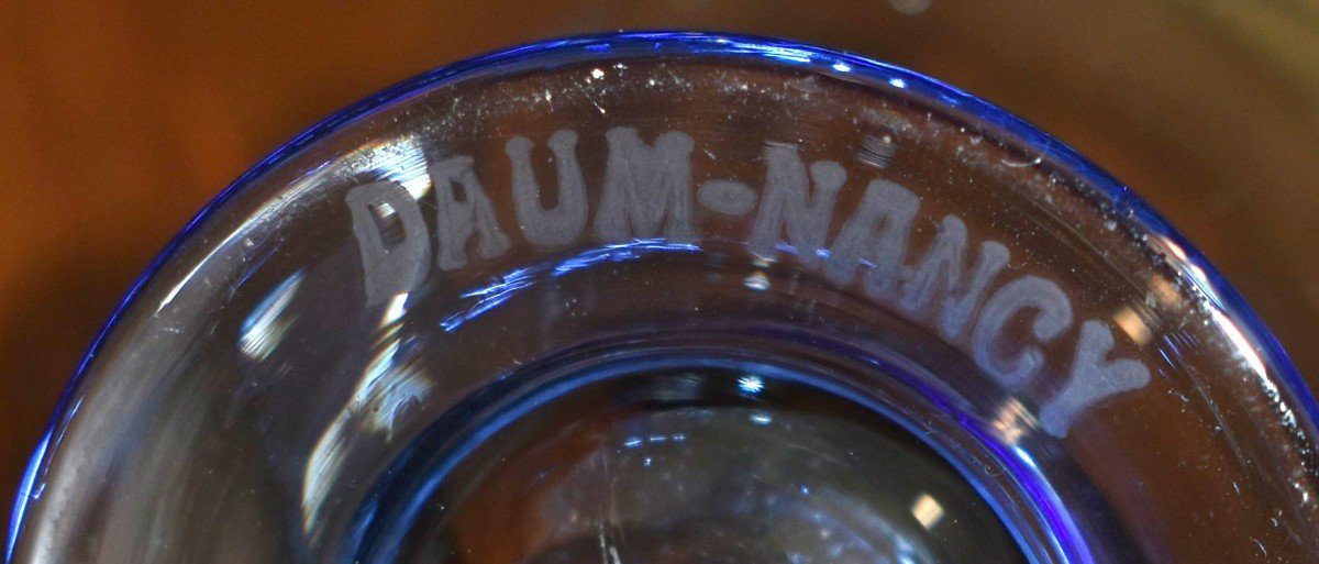 Daum Nancy , Suite De Trois Verres Côtelés Blanc Sur Pied Bleu Période Art - Déco, Vers 1930-photo-8
