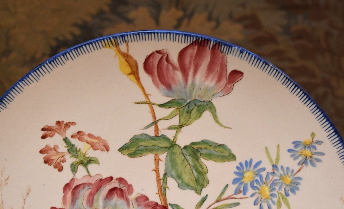 Large Longchamp Earthenware Dish, Ironstone, Floral And Wolf Tooth Decor-photo-4