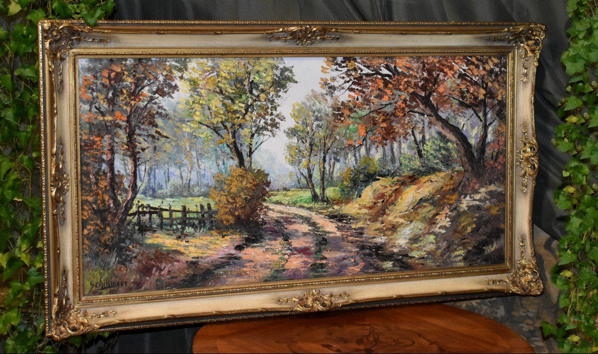 Schillinger Jean Louis, Large Painting Countryside Landscape, Small Path, Sculpted Frame -photo-2