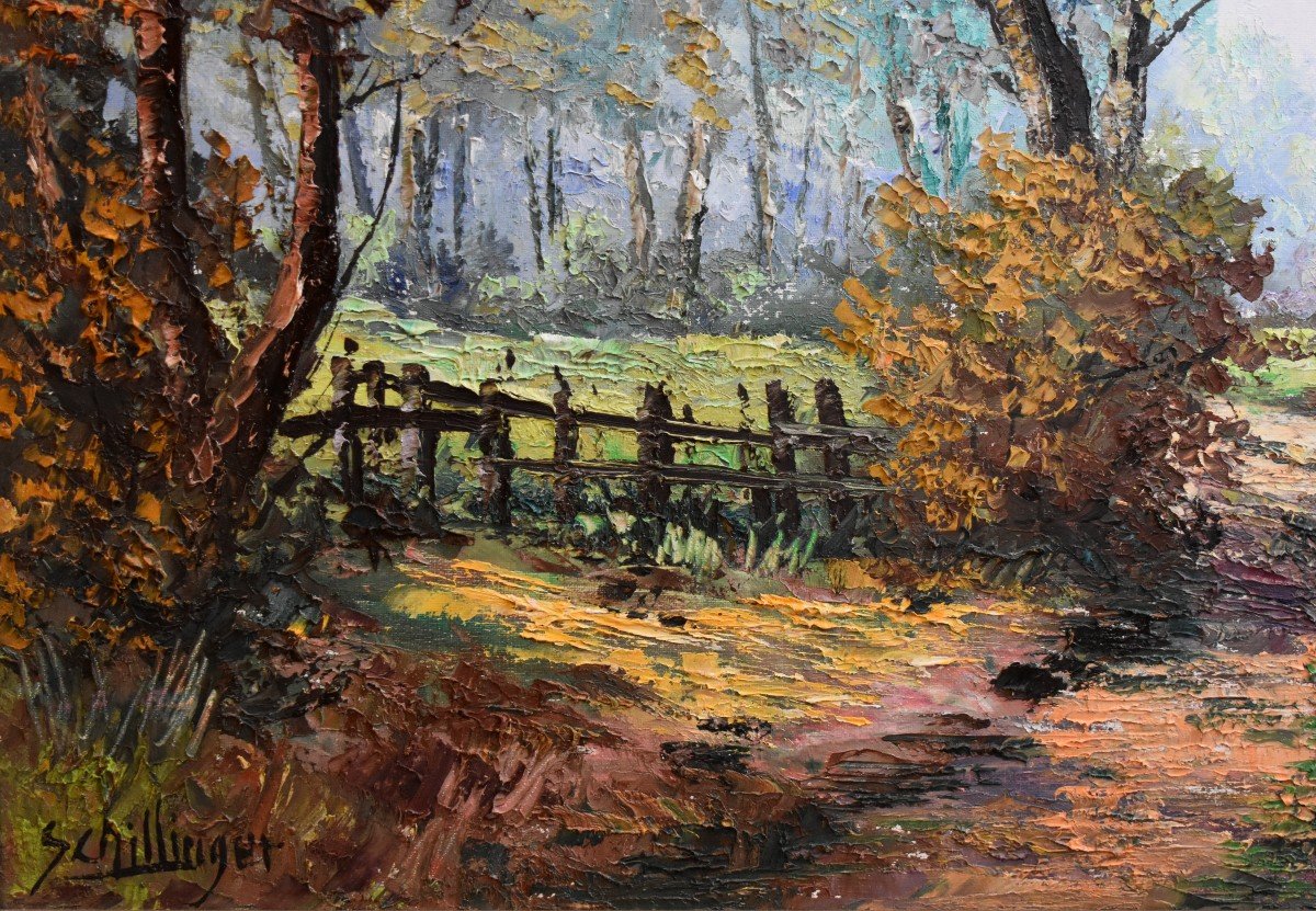 Schillinger Jean Louis, Large Painting Countryside Landscape, Small Path, Sculpted Frame -photo-1