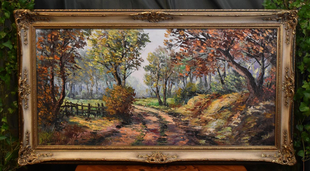 Schillinger Jean Louis, Large Painting Countryside Landscape, Small Path, Sculpted Frame 