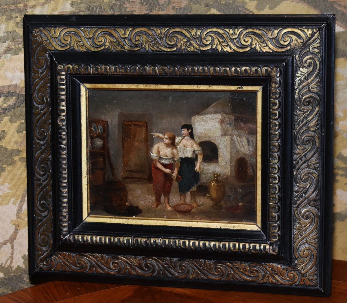 Peinture Scène d'Intérieur Sur Panneau Carton, Cadre Napoléon III, 2 Personnages , Deux Femmes -photo-2