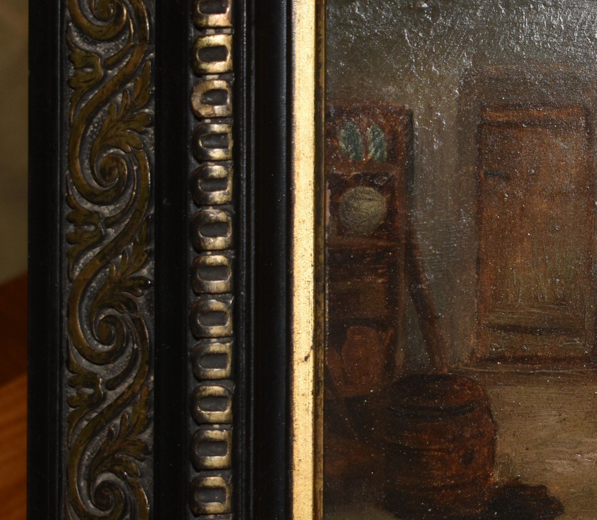 Peinture Scène d'Intérieur Sur Panneau Carton, Cadre Napoléon III, 2 Personnages , Deux Femmes -photo-5