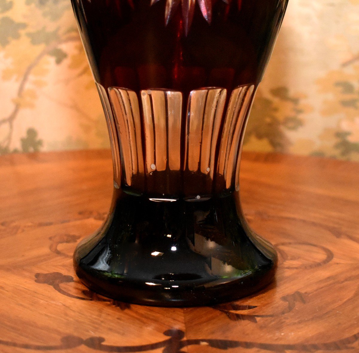 Large Cut And Engraved Crystal Vase Overlay, Garnet Red And Translucent In Color-photo-6