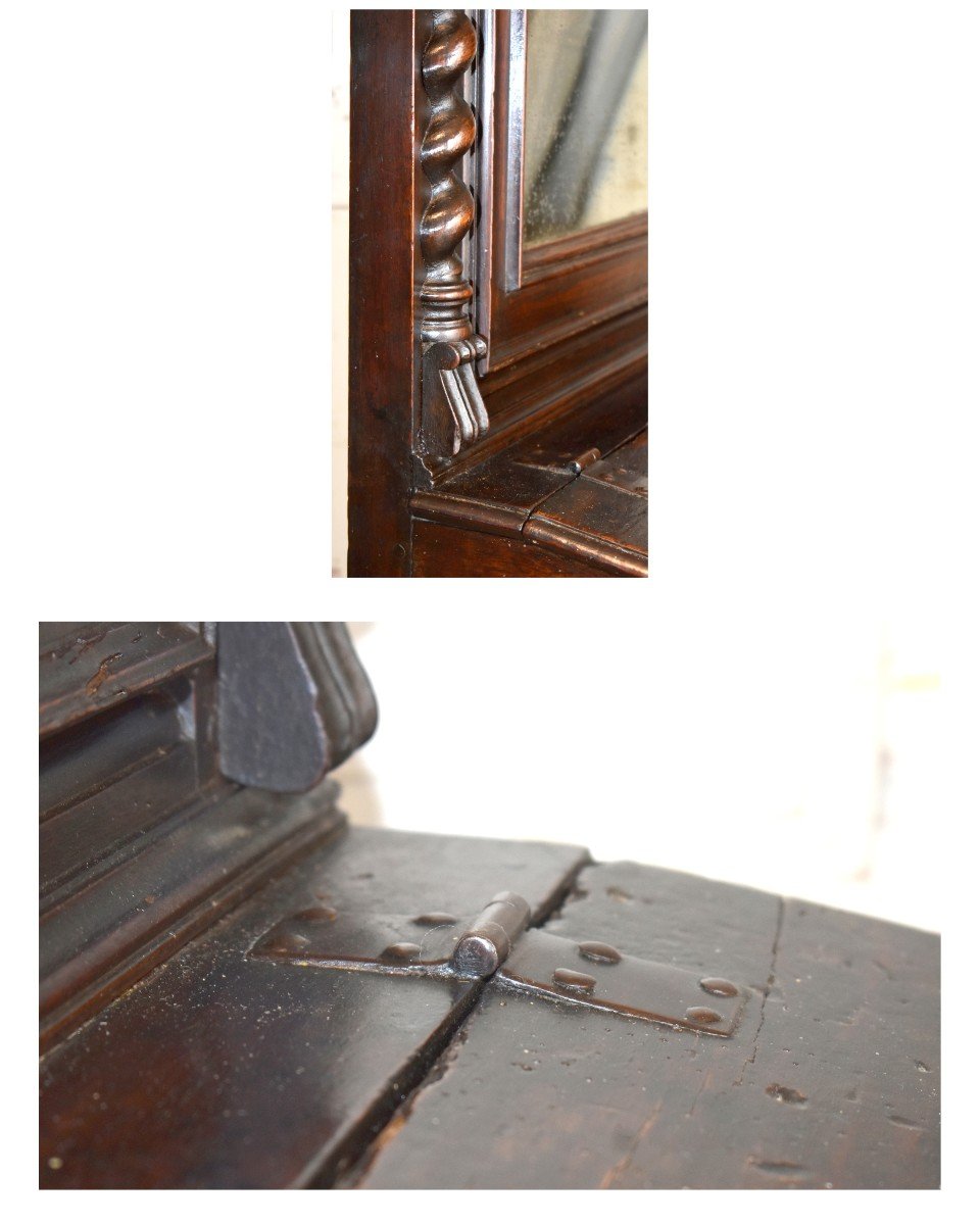 Louis XIII Oratory With Twisted Half-columns In Walnut And High Mirror, 17th Century. Occasional Furniture, -photo-4