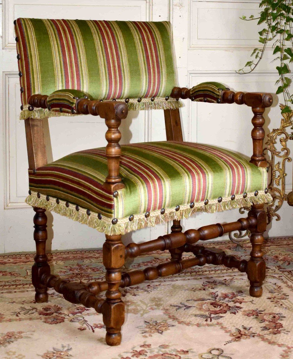 Pair Of Louis XIII Style Armchairs, Walnut, Baluster Legs         -photo-1