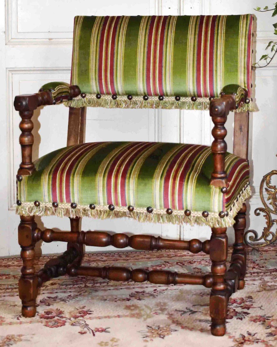 Pair Of Louis XIII Style Armchairs, Walnut, Baluster Legs         -photo-2
