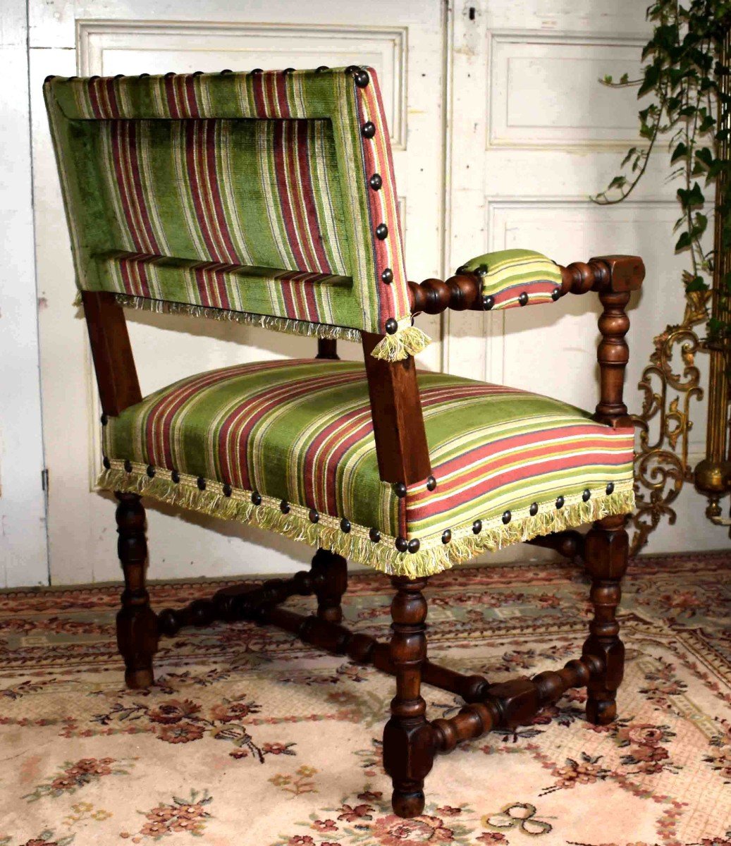 Pair Of Louis XIII Style Armchairs, Walnut, Baluster Legs         -photo-4