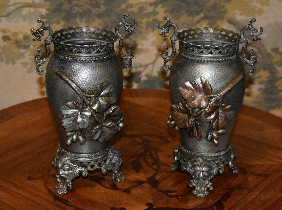 Pair Of Cassolettes, Hammered Metal, Chimeras, Mascarons, Silver Color, 19th Century, Napoleon III-photo-4