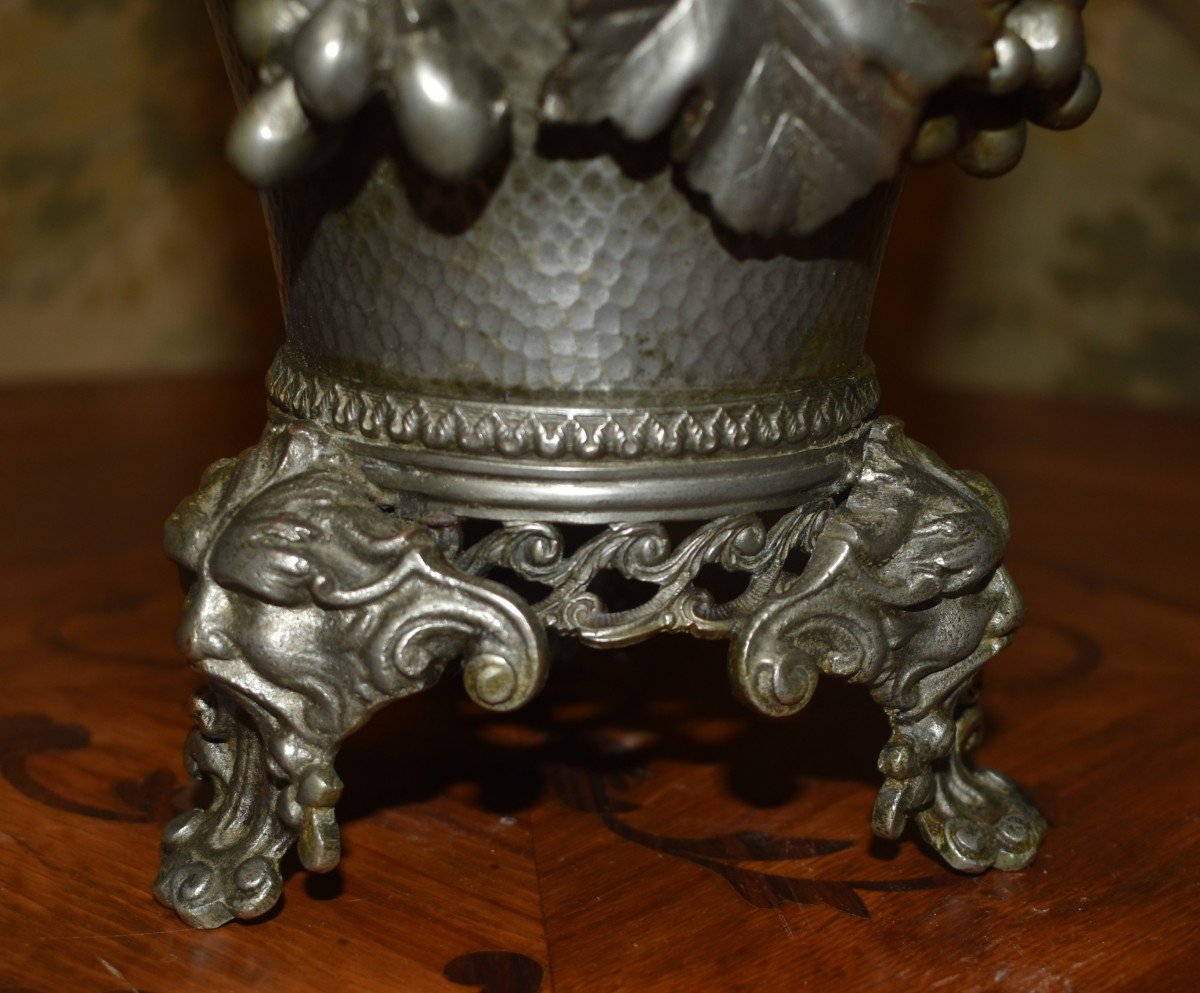Pair Of Cassolettes, Hammered Metal, Chimeras, Mascarons, Silver Color, 19th Century, Napoleon III-photo-6