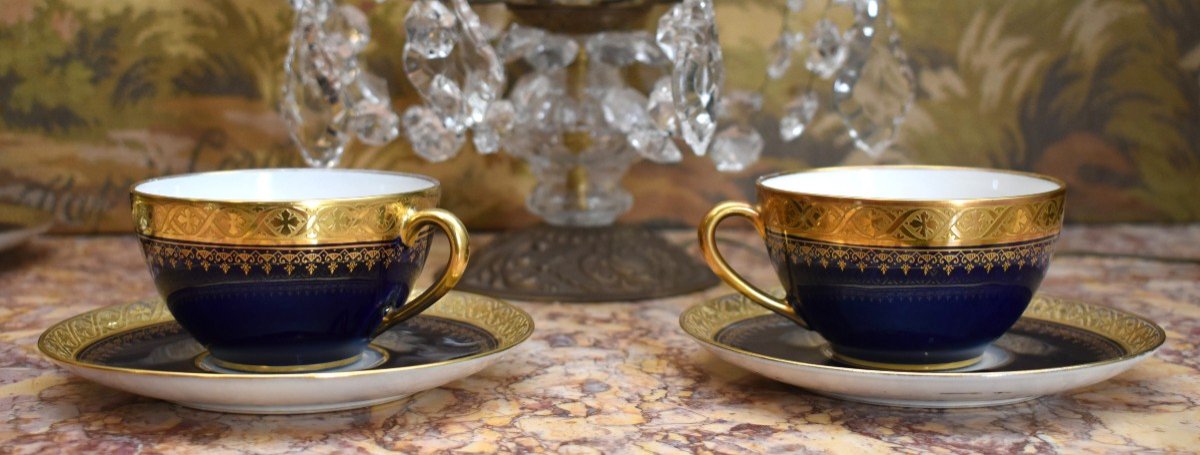 12-cup Limoges Porcelain Coffee Or Tea Set, Blue Kiln And Gold Inlay-photo-3