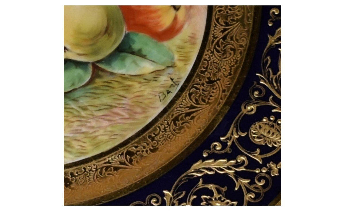 Plat Décoratif,  Porcelaine De Limoges, Bleu De Four, Incrustation Or, Décor Fruits Peint Main -photo-5