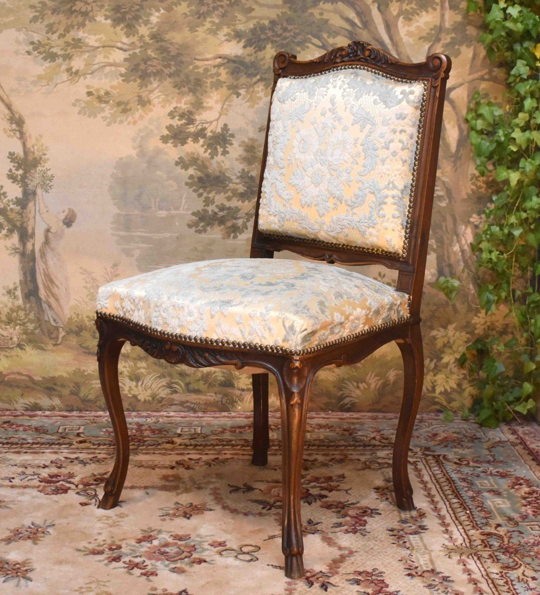 Set Of Four Regency Style Chairs, Blue Embossed Velvet Fabric, 4 Walnut Seats-photo-1