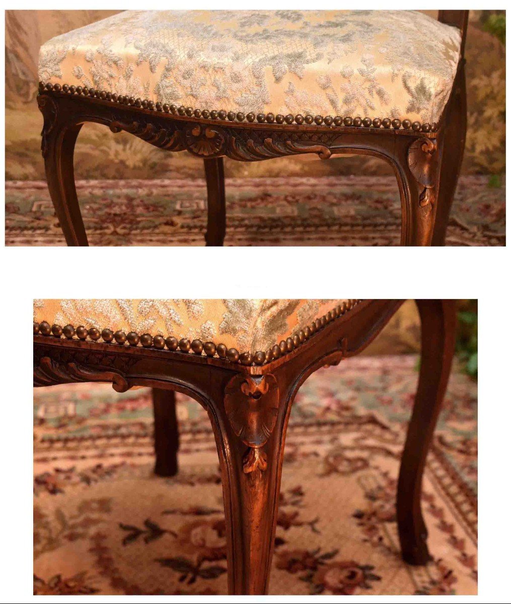 Set Of Four Regency Style Chairs, Blue Embossed Velvet Fabric, 4 Walnut Seats-photo-4