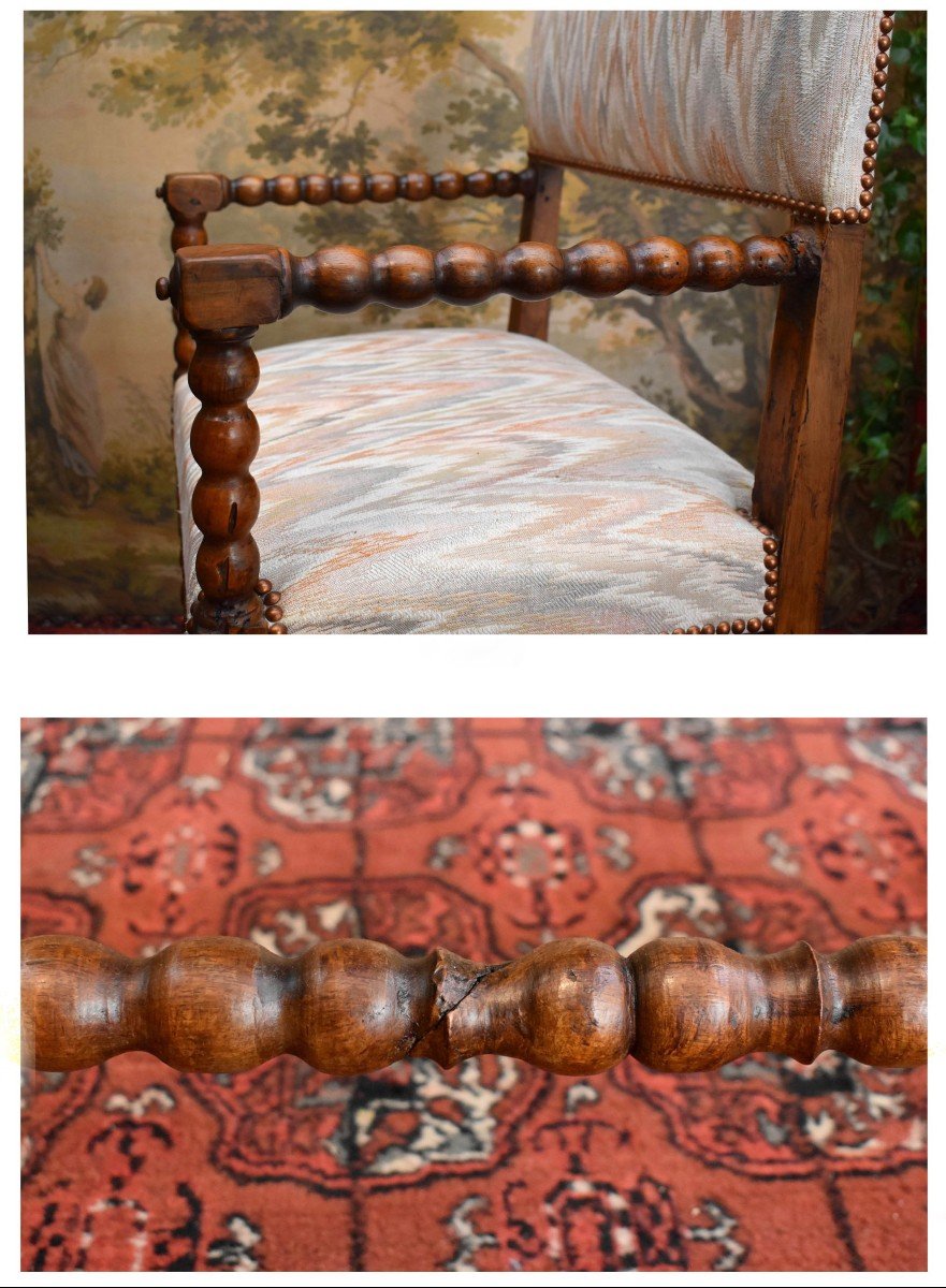 Chaise à  Bras d'époque  Louis XIII , Fauteuil En Noyer, En  grain de Chapelet, XVIIe .-photo-8
