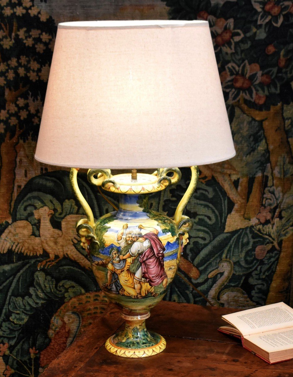 Grande Lampe En Faïence Italienne, Majolique Dans Le Goût d'Urbino, Décor à l'Antique, Fin XIXè-photo-2